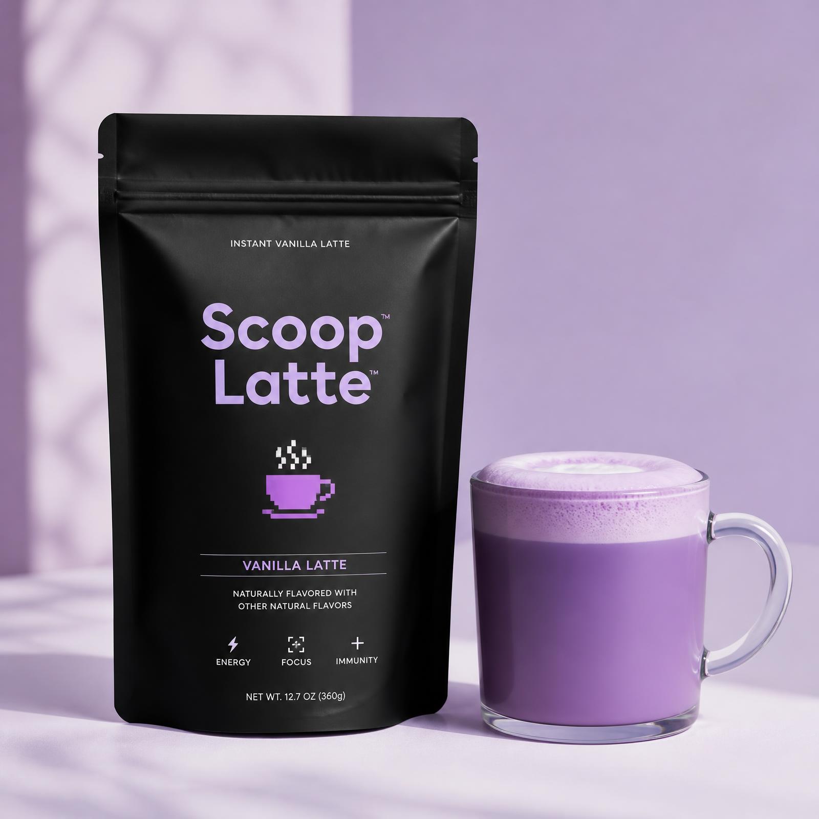 Scoop Latte matte black pouch beside a vibrant purple latte